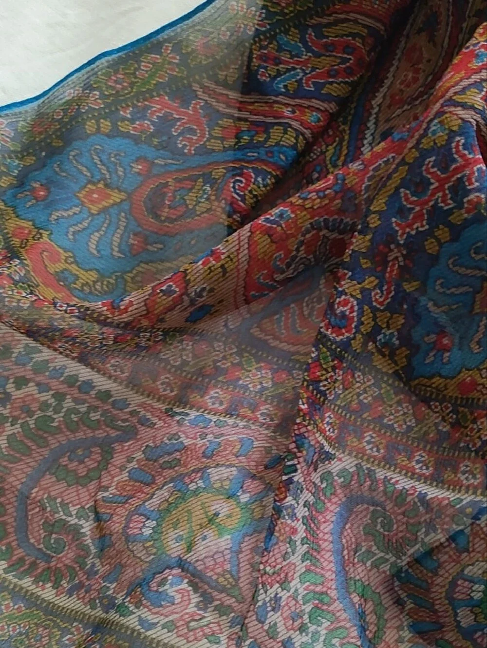 Sheer Silk Paisley Wrap Scarf in Red and Blue